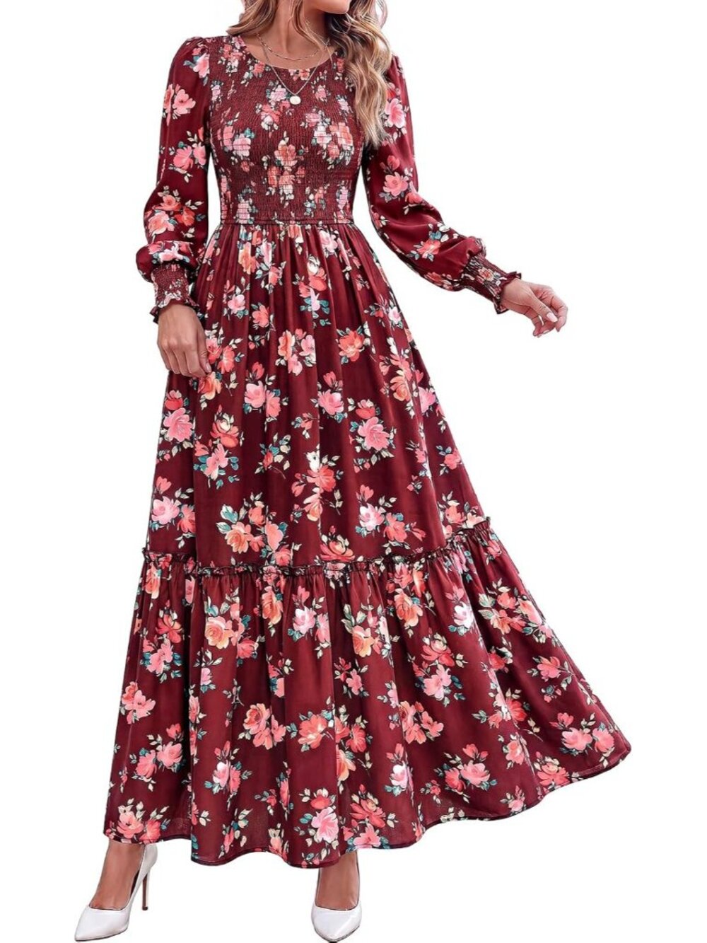 Women's Burgundy Long Sleeve Floral A Line Casual Fall Dresses With Maxi Pockets